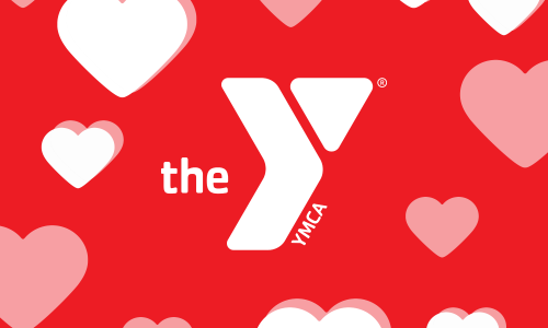Y logo with hearts around it. Red background, white icons