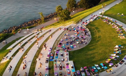 Drone shot of sunset "solstice steps" yoga at Lakewood Park