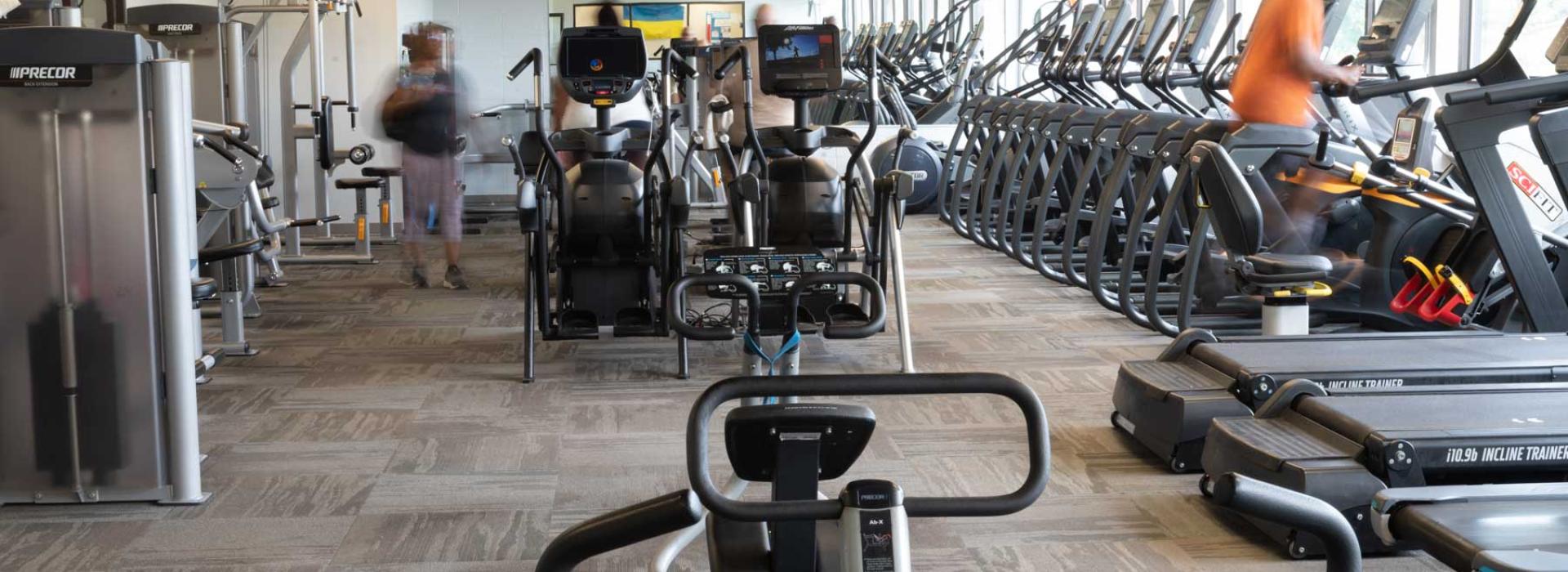 Stationary bikes, spinning bikes, circuit exercise machines, and various exercise equipment