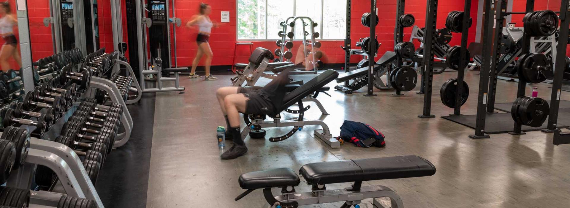Image shows members using weight room which features free weights, benches, squat racks, and more!