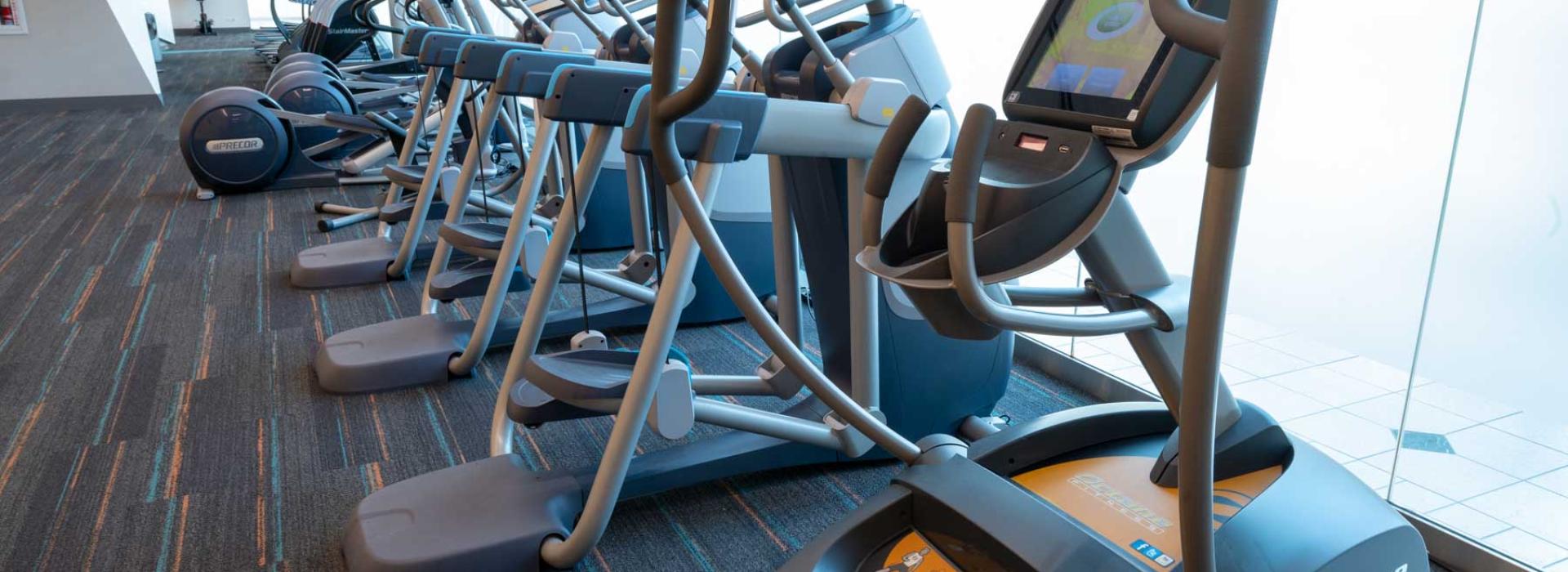 Image shows a line of cardio machines against glass wall.