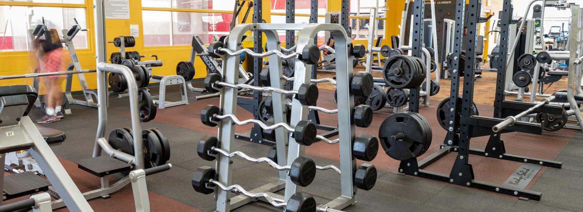 Image shows weight room area with squat rack, free weights, and weight-lifting machines.